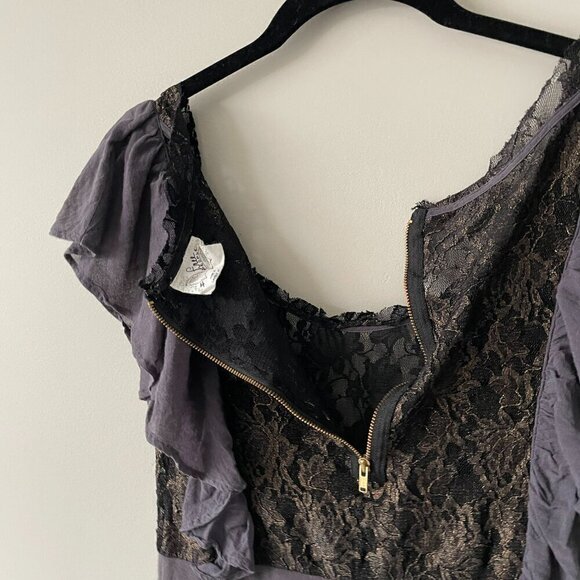 Free People Floral Lace Ruffles Accent Scoop Neck Casual Blouse Black Small - Picture 5 of 6